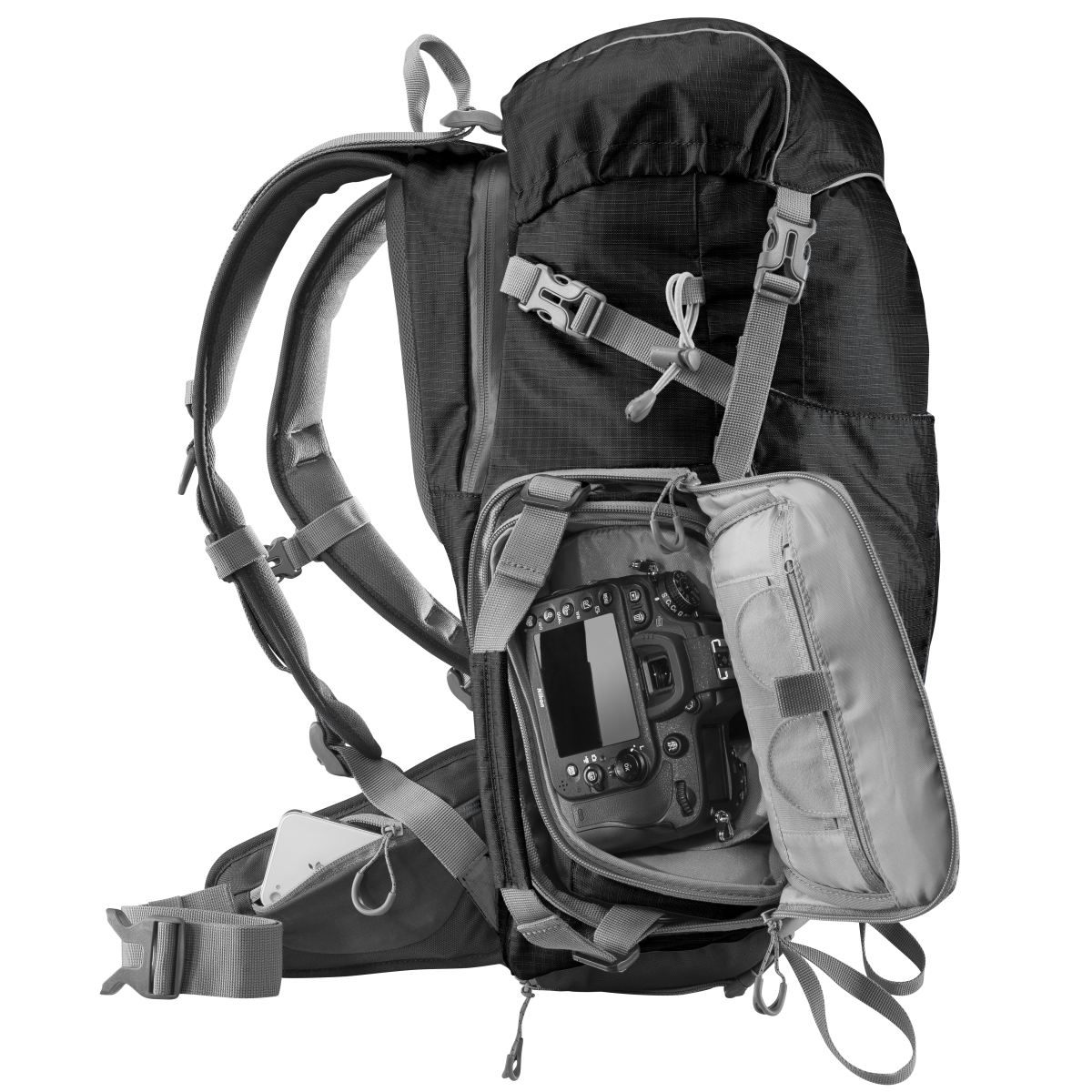 camera-rugtas-969jvu-1.jpg Mantona Elements Outdoor rugzak zwart 2in1 camera & trekking rugzak, fototas met gevoerde vakken voor DSLR, systeemcamera & drone, statiefhouder, ... - Afbeelding 1