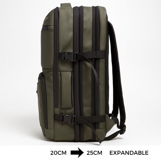 handbagage-rugzak-55x35x25-050mzt-1.jpg 55x35x25 Handbagage Rugzak – Uitbreidbaar van 55x35x20 – Laptopvak – ByMetz® – Olive | bol - Afbeelding 1