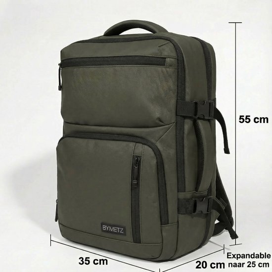 handbagage-rugzak-55x35x25-235npy-1.jpg 55x35x25 Handbagage Rugzak – Uitbreidbaar van 55x35x20 – Laptopvak – ByMetz® – Olive | bol - Afbeelding 1