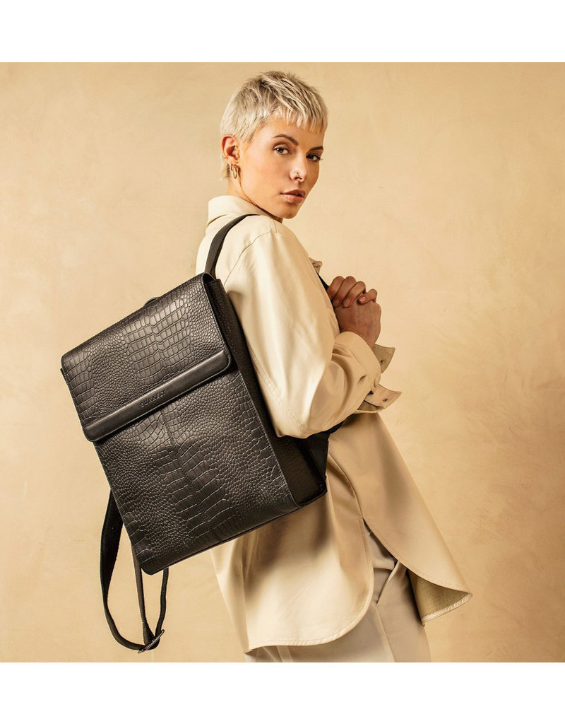 leren-rugzak-dames-749bwj-1.jpg Leren Dames Werktas Rugtas 14 Inch Croco Zwart Barneys Leather - Afbeelding 1